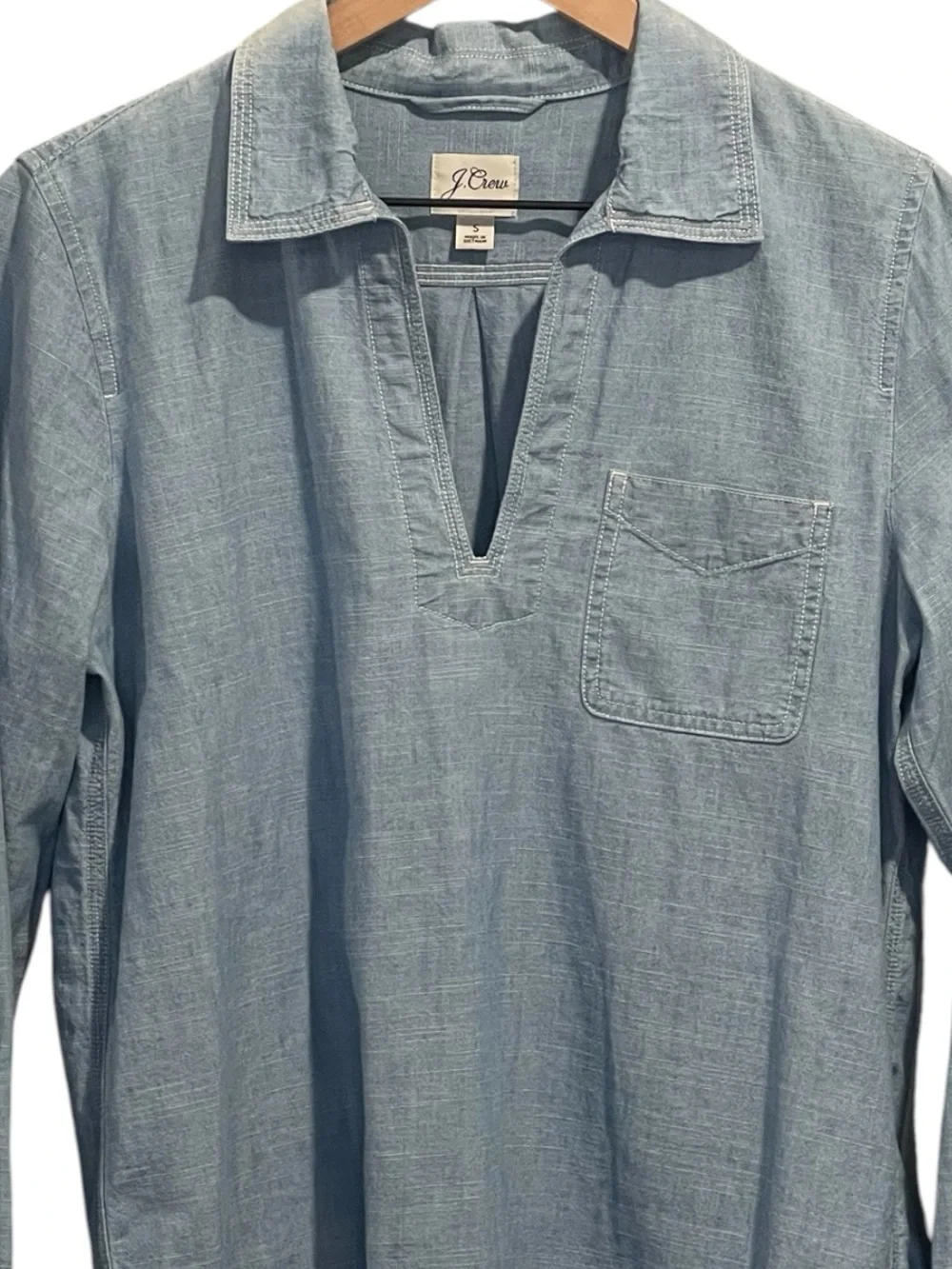 J. Crew Light Blue Chambray Popover Shirt, V-Neck, Collared, Long Sleeve, Size S